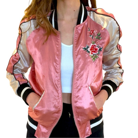 Jolt Jackets & Blazers - Pink Silk Flowered Embroidered Bomber Jacket